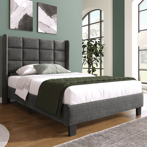 Cama estofada moderna 90x200 cm - Cabeceira acolchoada, com estrado, linho cinzento, firmeza média