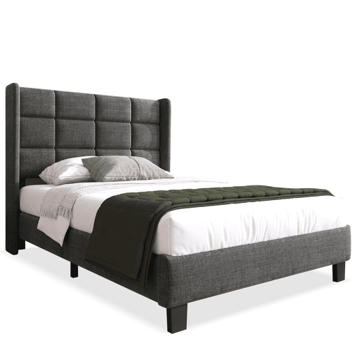 Cama estofada moderna 90x200 cm - Cabeceira acolchoada, com estrado, linho cinzento, firmeza média