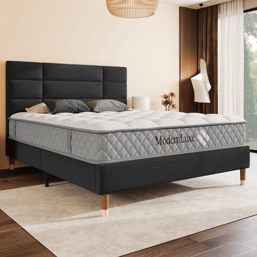Cama estofada 140x200 cm - Com estrado e cabeceira, em linho preto, para adultos e jovens (com colchão)