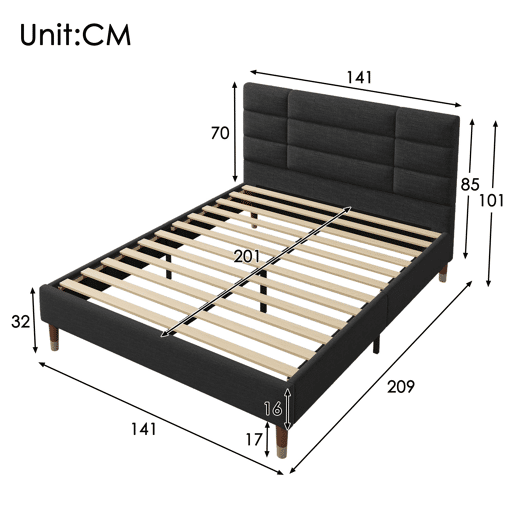 Cama estofada 140x200 cm - Com estrado e cabeceira, em linho preto, para adultos e jovens (com colchão)