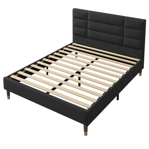 Cama estofada 140x200 cm - Com estrado e cabeceira, em linho preto, para adultos e jovens (com colchão)