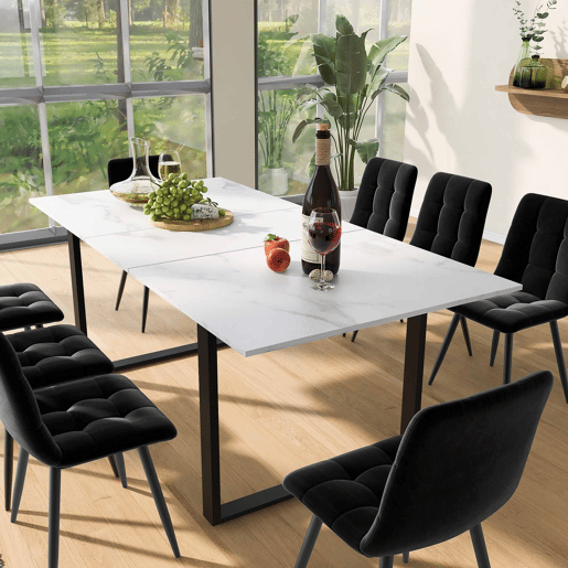 Conjunto de sala de jantar 140180x80cm - 8 cadeiras, mesa moderna, MDF branco, pernas pretas, cadeiras de veludo preto