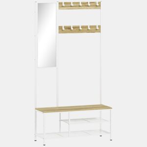 HOMCOM Móvel Cabide de Entrada com Espelho e Sapateira 4 em 1 com 3 Prateleiras Banco 10 Ganchos Ajustáveis Estilo Moderno para Corredor Quarto Sala de Estar 98x34x186 cm Madeira