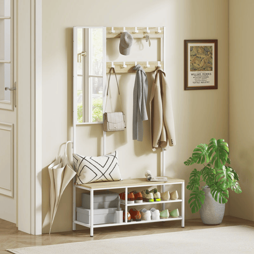 HOMCOM Móvel Cabide de Entrada com Espelho e Sapateira 4 em 1 com 3 Prateleiras Banco 10 Ganchos Ajustáveis Estilo Moderno para Corredor Quarto Sala de Estar 98x34x186 cm Madeira