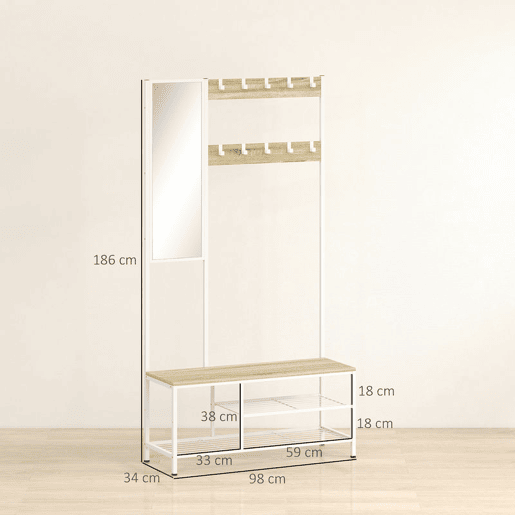 HOMCOM Móvel Cabide de Entrada com Espelho e Sapateira 4 em 1 com 3 Prateleiras Banco 10 Ganchos Ajustáveis Estilo Moderno para Corredor Quarto Sala de Estar 98x34x186 cm Madeira