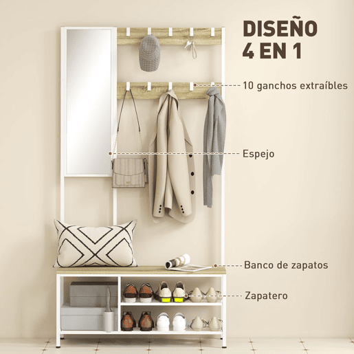 HOMCOM Móvel Cabide de Entrada com Espelho e Sapateira 4 em 1 com 3 Prateleiras Banco 10 Ganchos Ajustáveis Estilo Moderno para Corredor Quarto Sala de Estar 98x34x186 cm Madeira