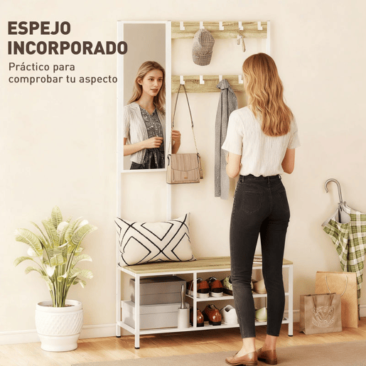 HOMCOM Móvel Cabide de Entrada com Espelho e Sapateira 4 em 1 com 3 Prateleiras Banco 10 Ganchos Ajustáveis Estilo Moderno para Corredor Quarto Sala de Estar 98x34x186 cm Madeira
