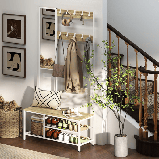HOMCOM Móvel Cabide de Entrada com Espelho e Sapateira 4 em 1 com 3 Prateleiras Banco 10 Ganchos Ajustáveis Estilo Moderno para Corredor Quarto Sala de Estar 98x34x186 cm Madeira