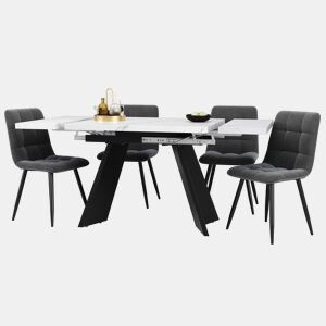 Conjunto de sala de jantar de 5 peças 160x80 cm - Mesa extensível com 4 cadeiras de veludo cinza - Preto e branco