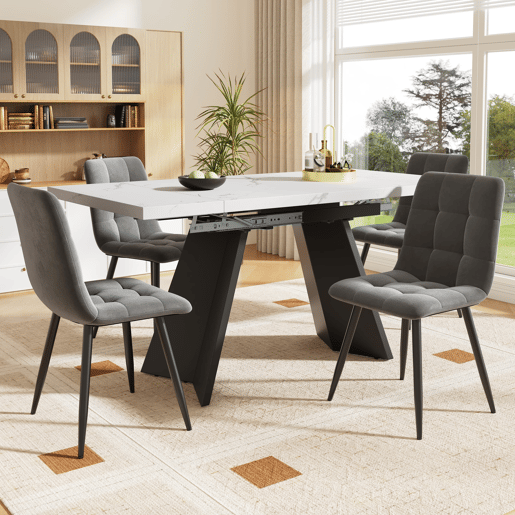 Conjunto de sala de jantar de 5 peças 160x80 cm - Mesa extensível com 4 cadeiras de veludo cinza - Preto e branco
