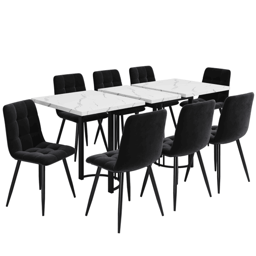 Conjunto de sala de jantar de 9 peças 140x80 cm - Mesa extensível com 8 cadeiras de veludo preto - Branco e Preto