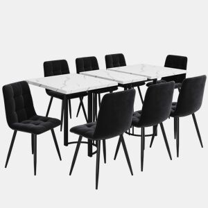 Conjunto de sala de jantar de 9 peças 140x80 cm - Mesa extensível com 8 cadeiras de veludo preto - Branco e Preto