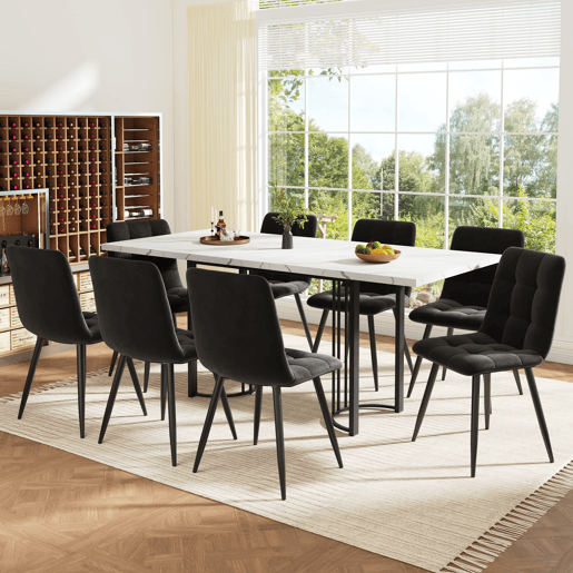 Conjunto de sala de jantar de 9 peças 140x80 cm - Mesa extensível com 8 cadeiras de veludo preto - Branco e Preto