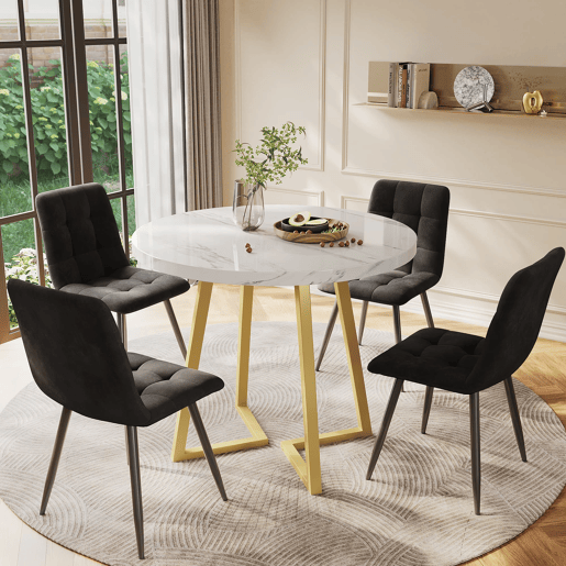 Conjunto de sala de jantar de 5 peças 80 cm - Mesa redonda com pernas metálicas douradas, cadeiras de veludo preto