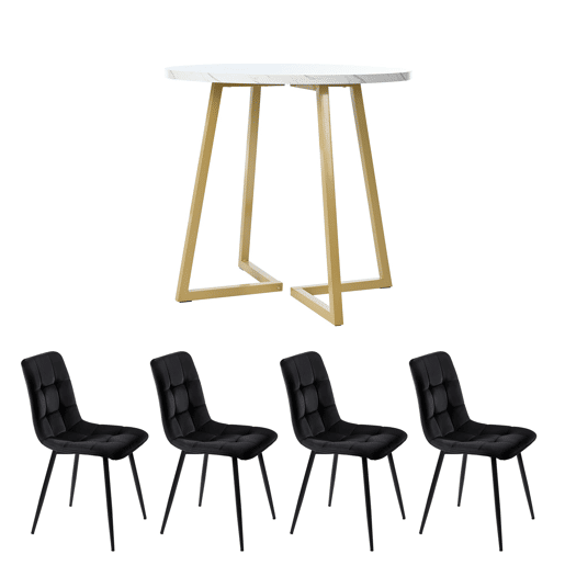 Conjunto de sala de jantar de 5 peças 80 cm - Mesa redonda com pernas metálicas douradas, cadeiras de veludo preto