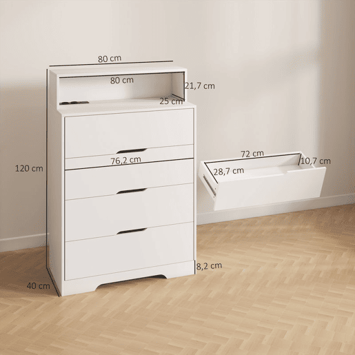 HOMCOM Cómoda com 4 Gavetas e Estação de Carregamento Móvel de Arrumação para Quarto com Porta USB Porta USB-C Prateleira Aberta 80x40x120 cm Branco