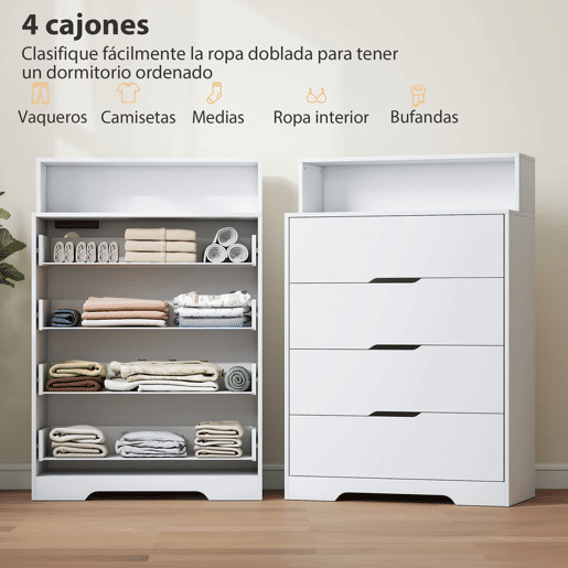 HOMCOM Cómoda com 4 Gavetas e Estação de Carregamento Móvel de Arrumação para Quarto com Porta USB Porta USB-C Prateleira Aberta 80x40x120 cm Branco