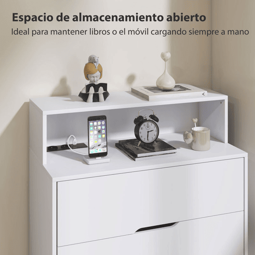 HOMCOM Cómoda com 4 Gavetas e Estação de Carregamento Móvel de Arrumação para Quarto com Porta USB Porta USB-C Prateleira Aberta 80x40x120 cm Branco