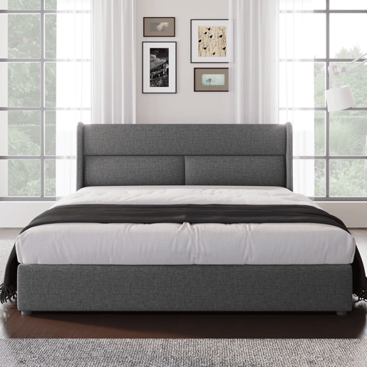 Cama estofada 140x200 cm - Cabeceira ajustável, estrutura hidráulica com arrumação - Cinza