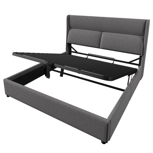 Cama estofada 140x200 cm - Cabeceira ajustável, estrutura hidráulica com arrumação - Cinza