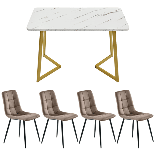 Conjunto de sala de jantar 117x68cm - Mesa retangular moderna com 4 cadeiras, Cadeiras de veludo castanho, Pernas douradas