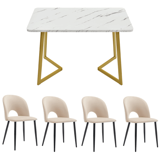 Conjunto de sala de jantar 117x68 cm - Mesa retangular, 4 cadeiras, veludo bege, pernas douradas