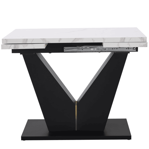 Conjunto de mesa e cadeiras de 5 peças - Mesa extensível, pernas em V pretas, tampo em mármore branco, cadeiras em veludo cinzento