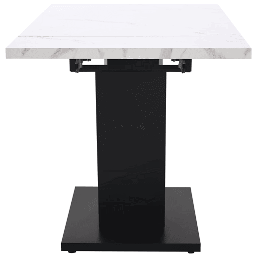 Conjunto de mesa e cadeiras de 5 peças - Mesa extensível, pernas em V pretas, tampo em mármore branco, cadeiras em veludo cinzento