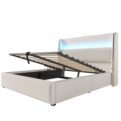 Cama hidráulica 160x200 cm - Com cabeceira ajustável, iluminação LED, arrumação e portas USBType-C - Bege