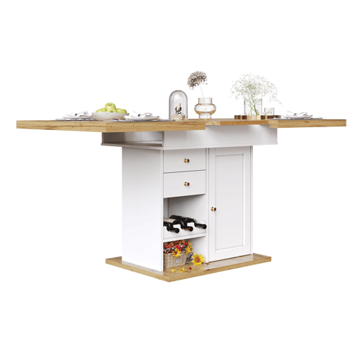 Mesa extensível telescópica 110-140x80cm - Mesa de cozinha com prateleira para snacks e vinho - Branca