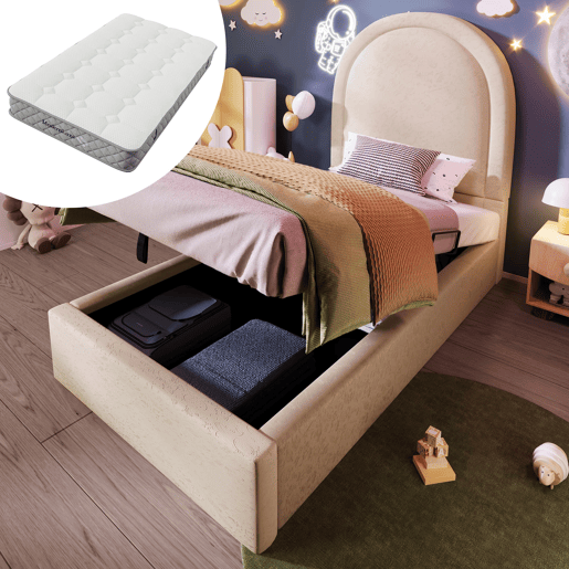 Cama infantil individual 90x200 cm - Com colchão, design cósmico, bege, PU