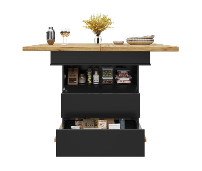Mesa extensible teleskópica 110-140×80 cm - mesa plegable para 4-6 personas, con 3 niveles de almacenamiento - negro