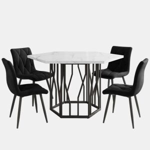 Conjunto de sala de jantar de 5 peças - Mesa de jantar hexagonal em mármore + 4 cadeiras em veludo preto - Preto
