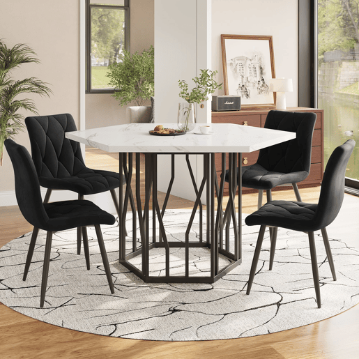 Conjunto de sala de jantar de 5 peças - Mesa de jantar hexagonal em mármore + 4 cadeiras em veludo preto - Preto