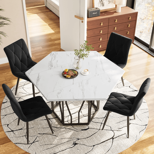 Conjunto de sala de jantar de 5 peças - Mesa de jantar hexagonal em mármore + 4 cadeiras em veludo preto - Preto