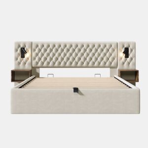 Cama Polsterbett 180x200 - Cama com arrumação hidráulica, luz LED, com 2 mesas de cabeceira - Bege