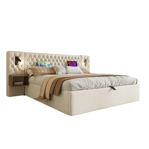 Cama Polsterbett 180x200 - Cama com arrumação hidráulica, luz LED, com 2 mesas de cabeceira - Bege