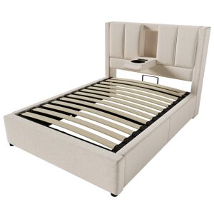 Cama estofada 90x200 cm - Com suporte para bebidas e estação de carregamento - Bege