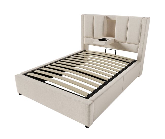Cama tapizada 90x200 cm - con soporte para bebida y estación de carga - beige