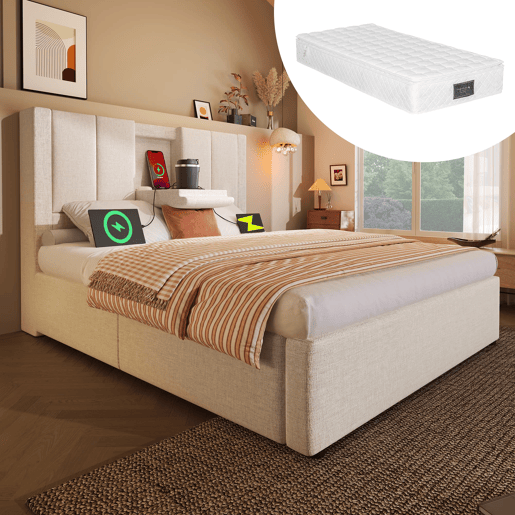 Cama estofada 90x200 cm - Com suporte para bebidas e estação de carregamento - Bege