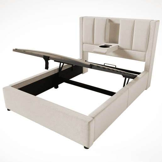 Cama estofada 90x200 cm - Com suporte para bebidas e estação de carregamento - Bege