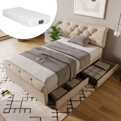 Cama individual 90x200 cm - Com 2 gavetas e cabeceira ajustável - Chesterfield - Natural