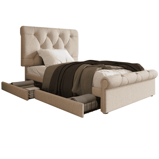 Cama individual 90x200 cm - Com 2 gavetas e cabeceira ajustável - Chesterfield - Natural