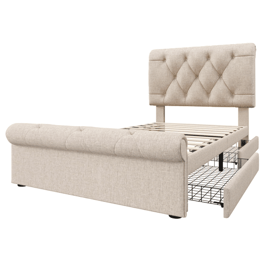 Cama individual 90x200 cm - Com 2 gavetas e cabeceira ajustável - Chesterfield - Natural