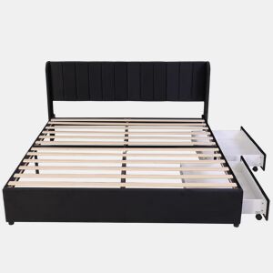 Cama estofada 180x200 cm - Com estrado, encosto e 2 gavetas - Preto