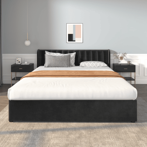 Cama estofada 180x200 cm - Com estrado, encosto e 2 gavetas - Preto