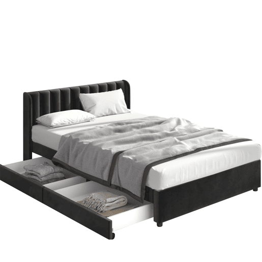 Cama estofada 180x200 cm - Com estrado, encosto e 2 gavetas - Preto