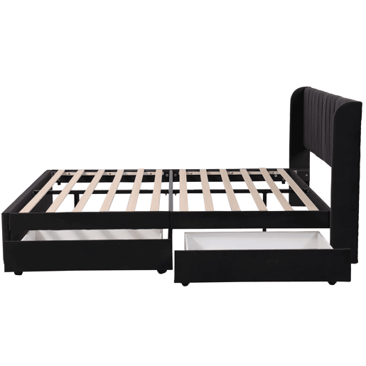 Cama estofada 180x200 cm - Com estrado, encosto e 2 gavetas - Preto