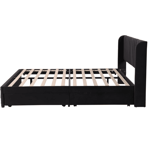 Cama estofada 180x200 cm - Com estrado, encosto e 2 gavetas - Preto