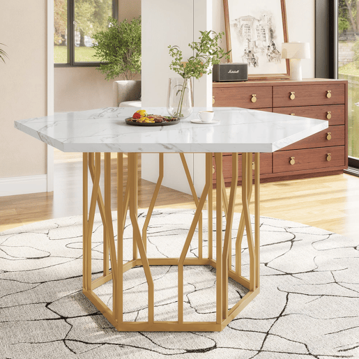 Conjunto de mesa e cadeiras 5 peças - Mesa hexagonal de mármore + 4 cadeiras de veludo verde - Dourado